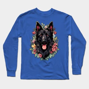 Black German Shepherd Dog Flowers Long Sleeve T-Shirt